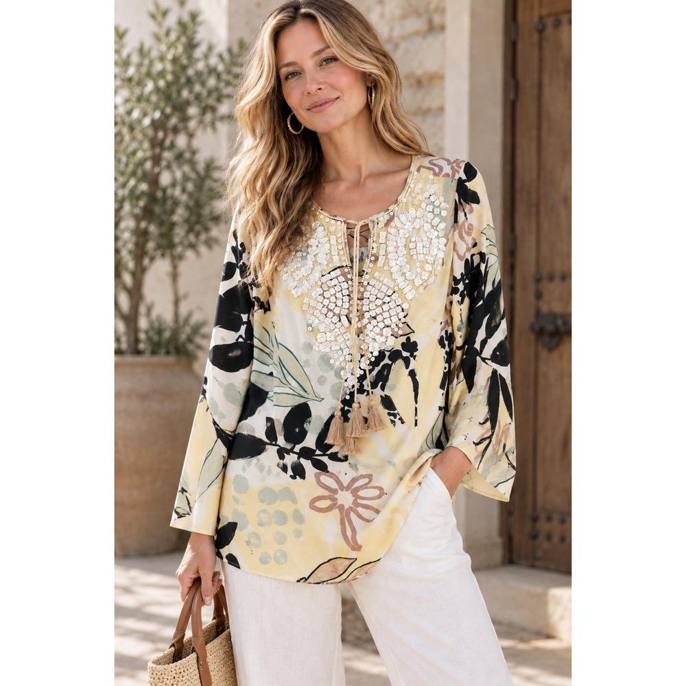 Soft Surroundings Yellow Botanical Embellished Shell Beaded Tassel Top 2FP60 S